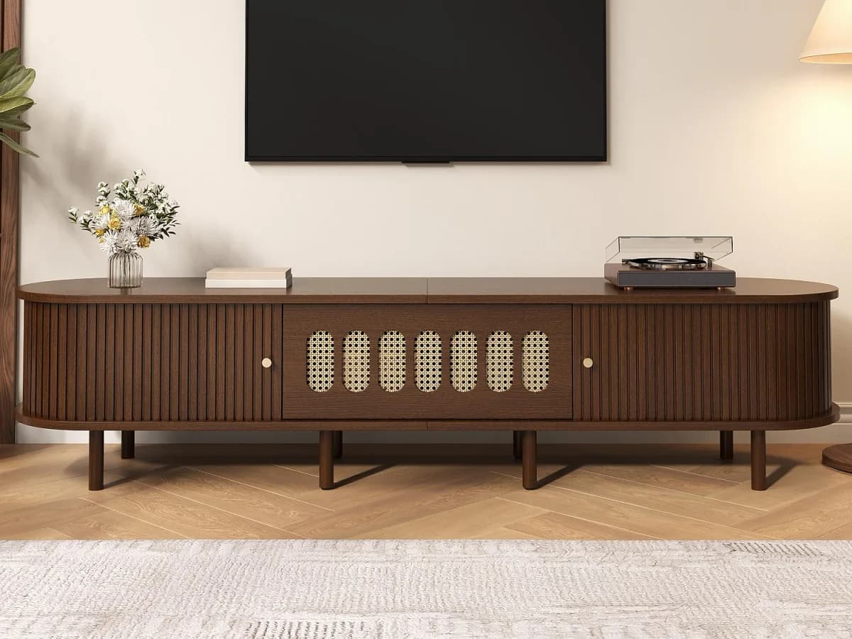 Móvel de TV 180x40x40 cm - Design em rattan - 2 portas de enrolar e 1 porta basculante - MDF - Marrom