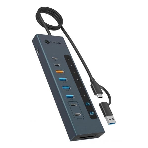 Icy Box IB-HUB1742CR-C2PD Hub USB 3.2 11 em 1 Type-C, USB-A, Leitor de Cartões SD/MicroSD, Estação de Acoplamento Azul Claro