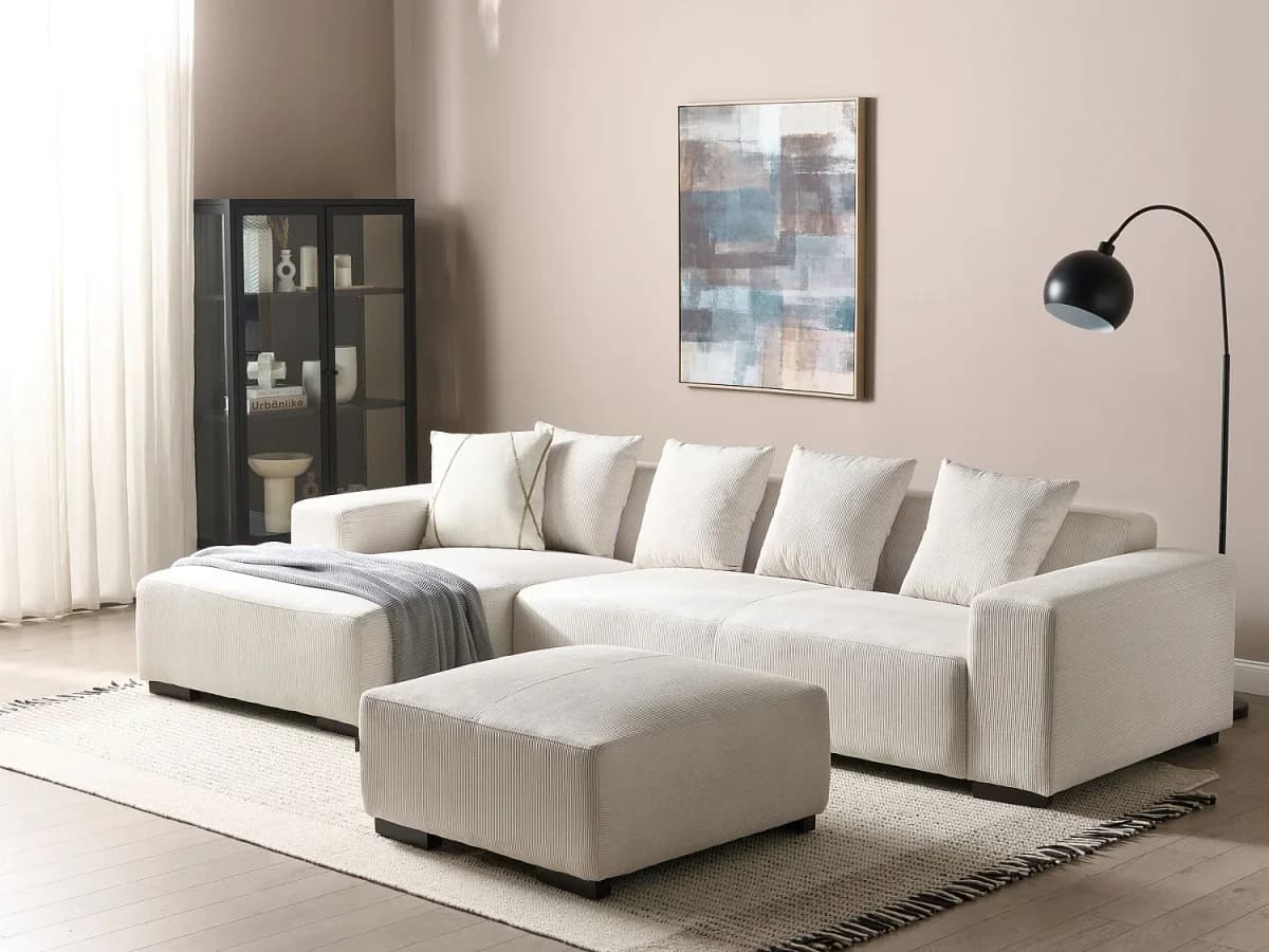 Sofá de canto LUNGO Bombazine Branco creme com repousa-pés 4 lugares à direita