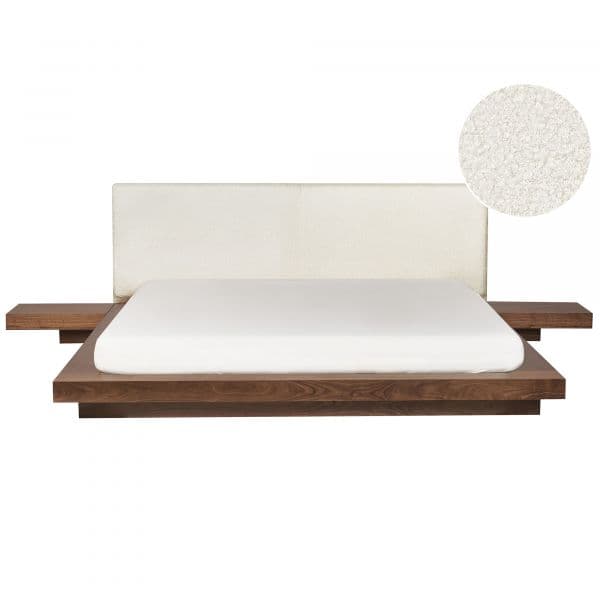 Beliani Cama de Casal Castanha com Cabeceira em Bouclé Branco 180 x 200 cm Estilo Oriental Modernos e Contemporâneos