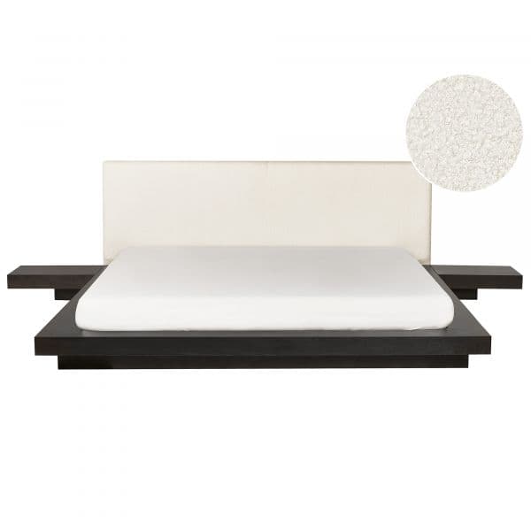 Beliani Estrutura de Cama Baixa Estilo Japonês Madeira Escura Super King Size 180 x200 cm Acabamento Folheado de Madeira Cabeceira Estofada Bouclé