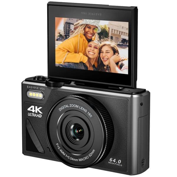 Easypix V64 Flip Câmera Digital 64MP 18x Zoom Digital WiFi com Ecrã Dobrável 3.0"