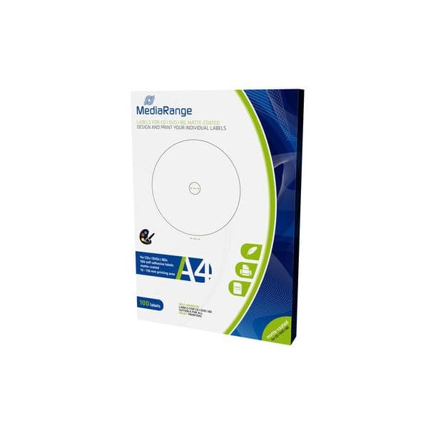 MediaRange Labels p/ CD/DVD/Blu-ray Printable 15 118 mm 50 Folhas 100 Labels - ONINK130