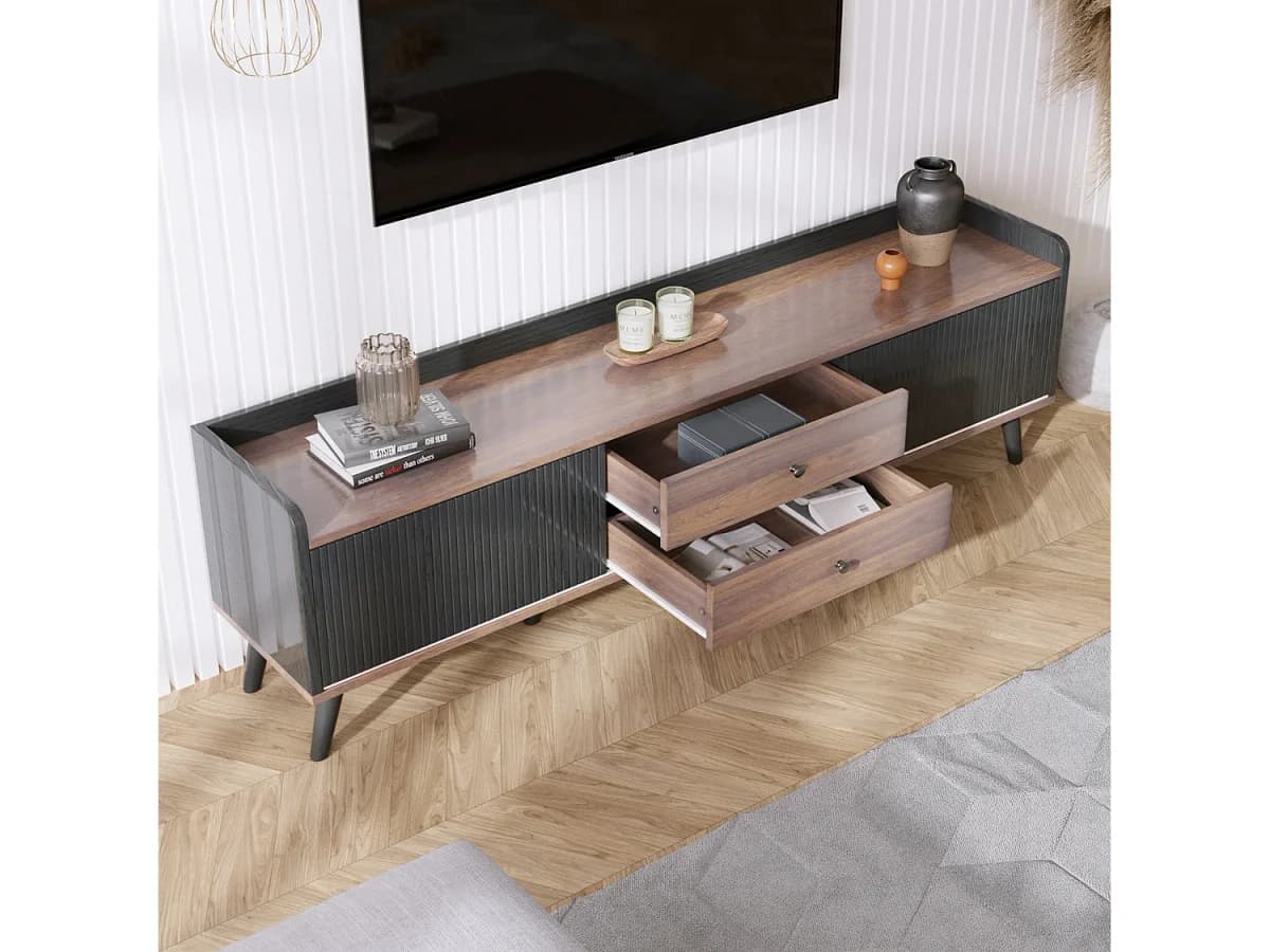 Móvel de TV com duas gavetas, mesa de TV, suporte de TV, painel baixo com duas portas de correr. Textura requintada. Preto e cor de madeira natural. A58/L160/P40 cm