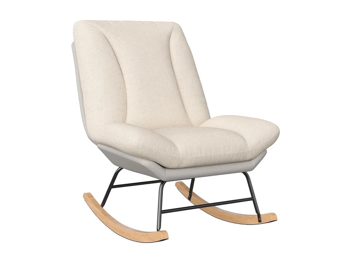 Cadeira de balanço ergonômica com almofada bege e estrutura cinza, estofada em tecido de linho e couro sintético.