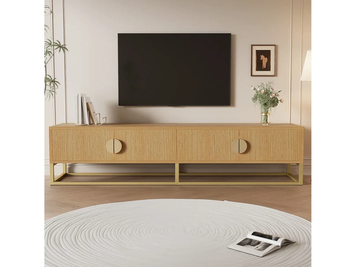 Móvel de TV de madeira com 4 portas, puxadores semicirculares, unidade de armazenamento moderna para sala de estar