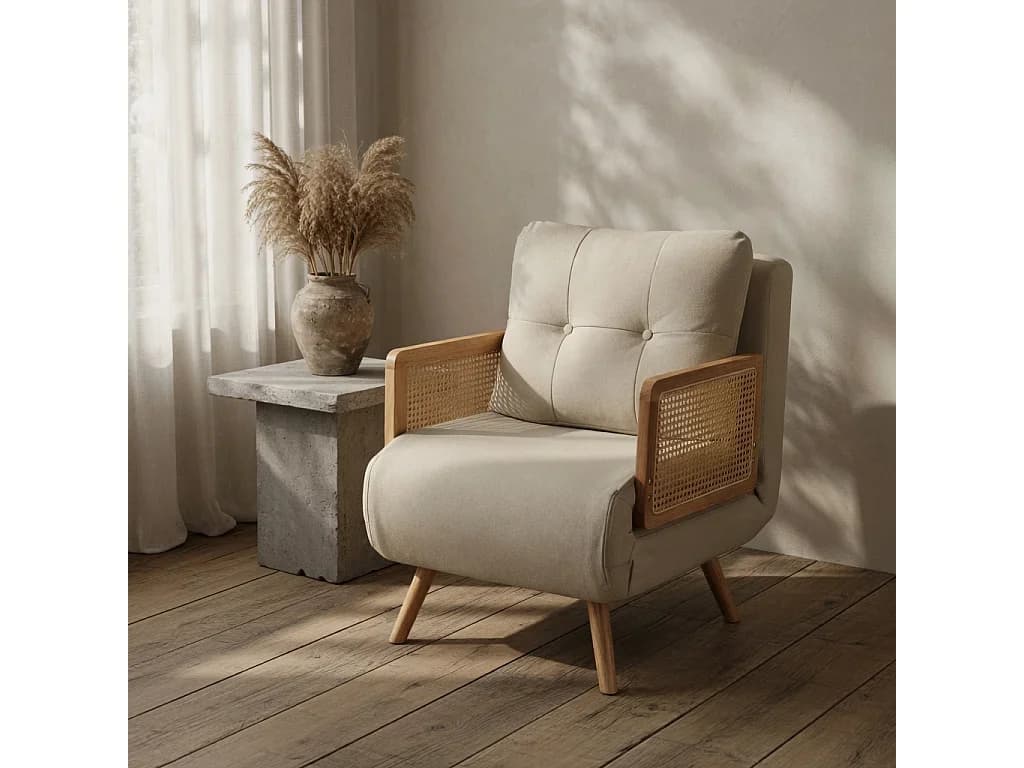 Poltrona-cama 3 em 1, funcional para dormir e dobrável, com encosto ajustável em 5 posições e braços em rattan, bege