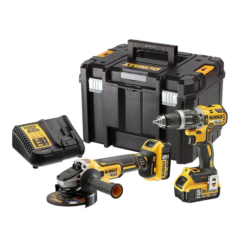 DeWALT Kit XR 18V DCD796 Taladro Percutor + DCG405 Amoladora + 2 baterías Li-Ion 5,0Ah + Maletín TSTAK VI