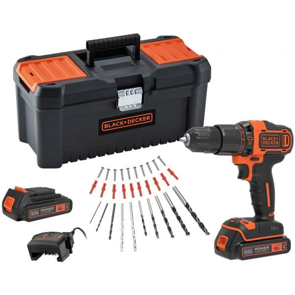 Black+Decker Aparafusadora com Percussão BDCHD18C2TA-QW 18V com 2 Baterias 1.5Ah, Carregador e 30 Acessórios em Mala