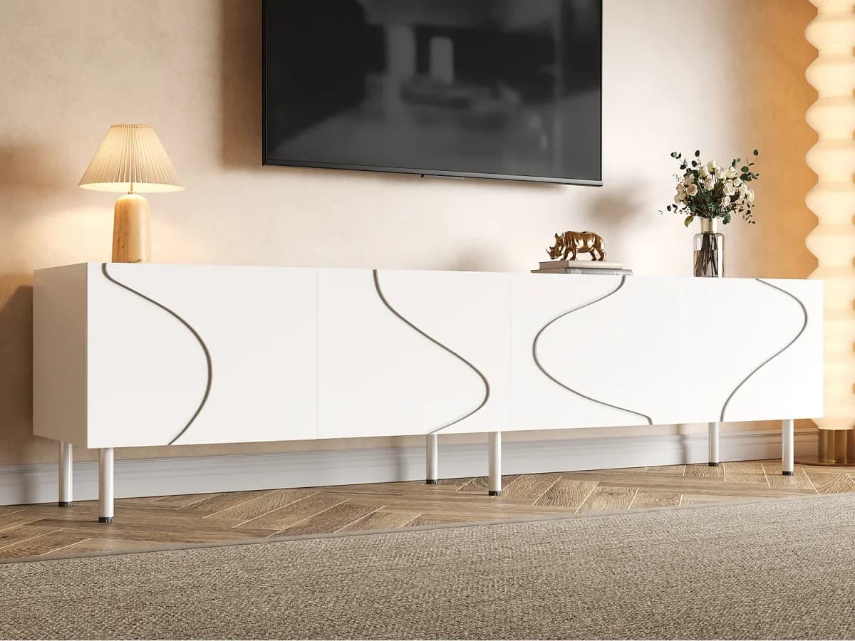 Móvel de TV moderno 170x35x50 cm - Com 4 portas - Pés cilíndricos de metal - MDF - Branco