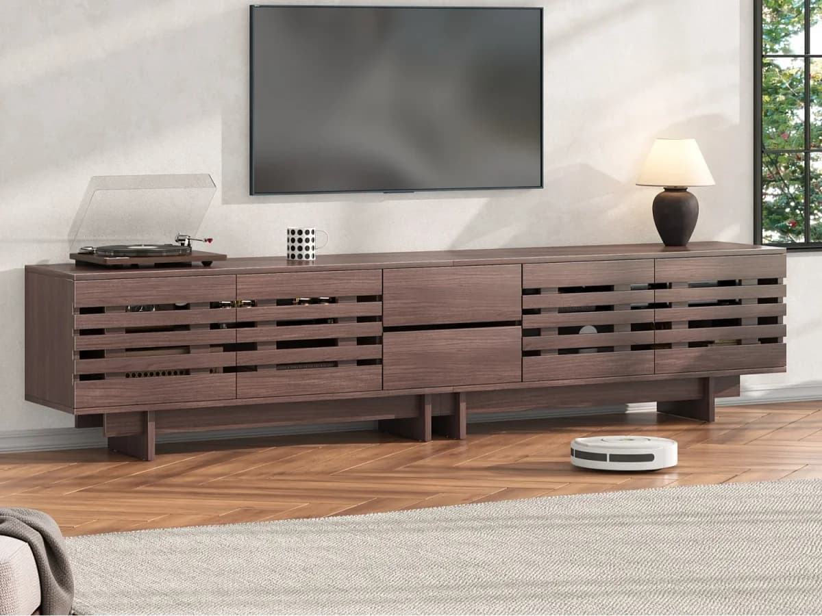 Móvel de TV moderno 200 x 39,5 x 55 cm - 4 portas, 2 gavetas e 6 compartimentos de arrumação - MDF - Castanho