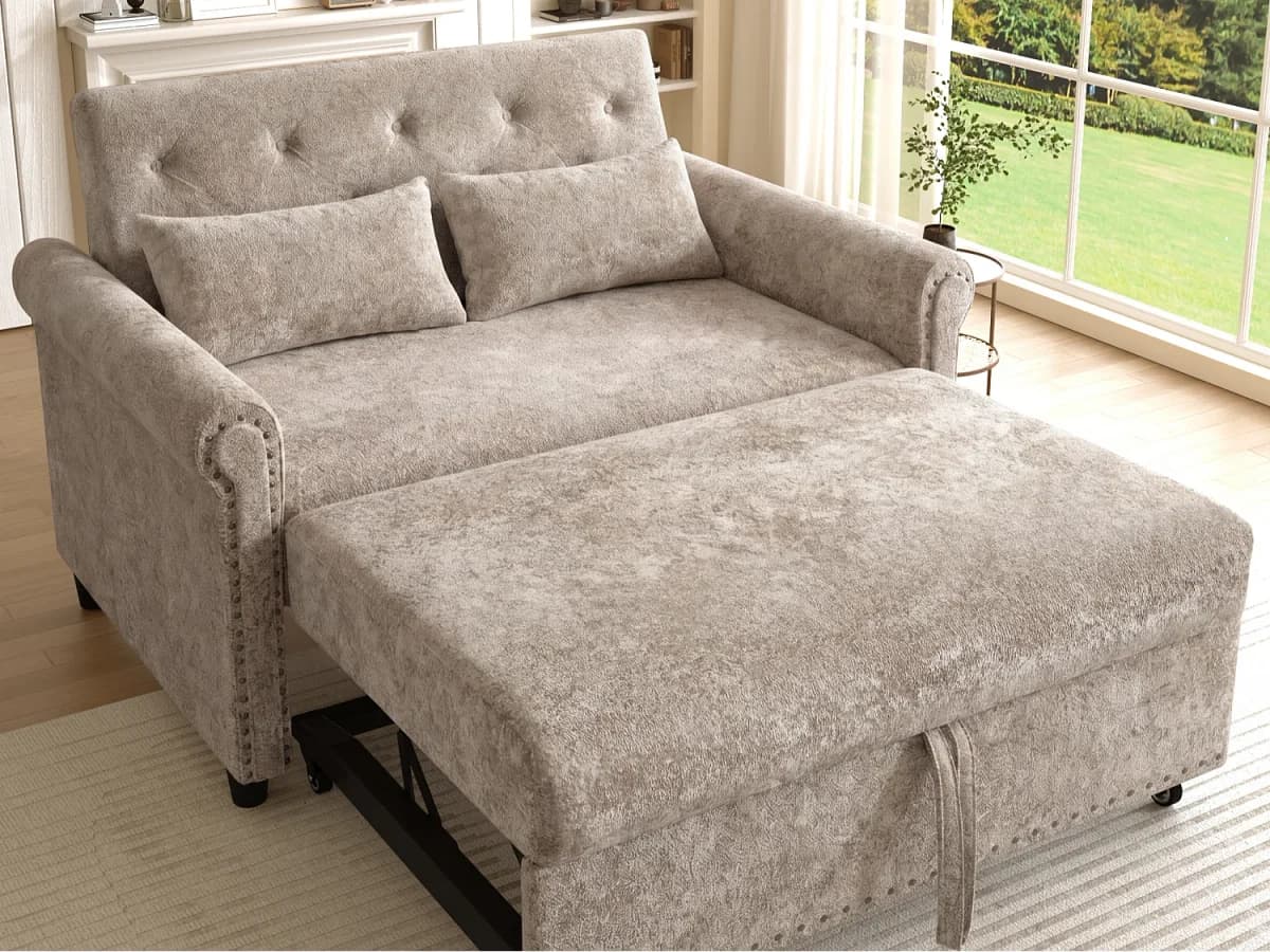 Sofá-cama conversível de 2 lugares em chenille, sofá 3 em 1 com encosto ajustável em 3 níveis - cinza acastanhado