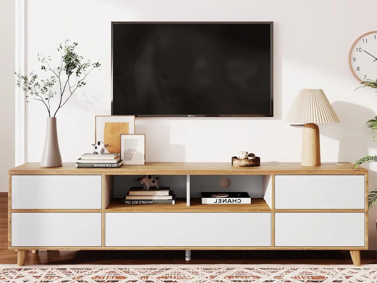 Móvel TV 175 cm - 5 portas e 2 nichos - MDF - branco e cor natural
