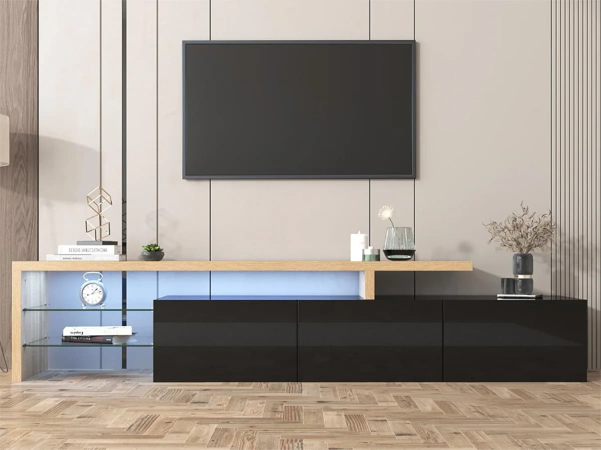 Móvel de TV moderno com 3 portas e 2 nichos - LEDs - Madeira MDF e vidro - carvalho e cor preta