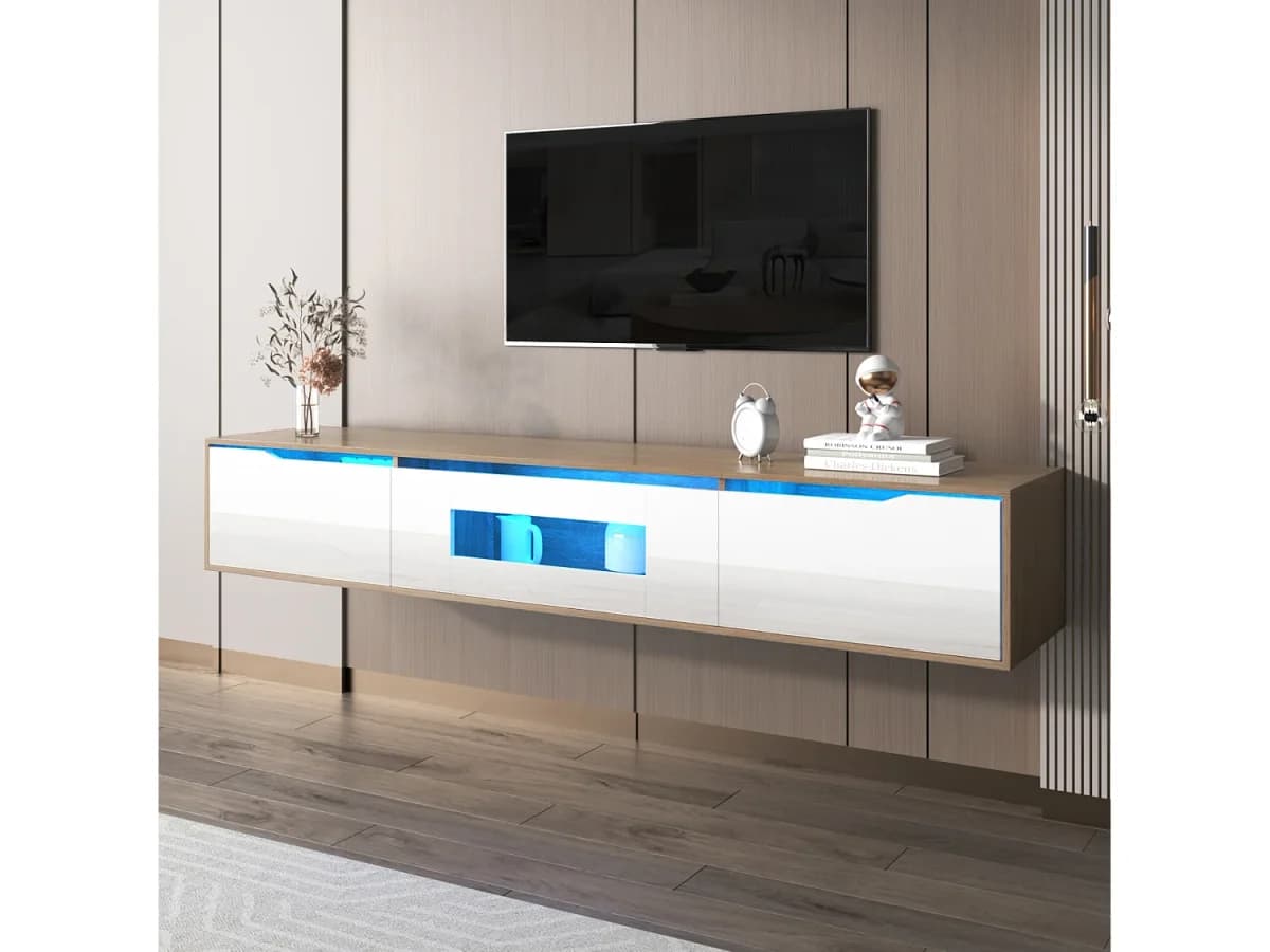 Móvel de TV moderno com 3 portas em alto brilho, iluminação LED, aglomerado, cores: carvalho e branco