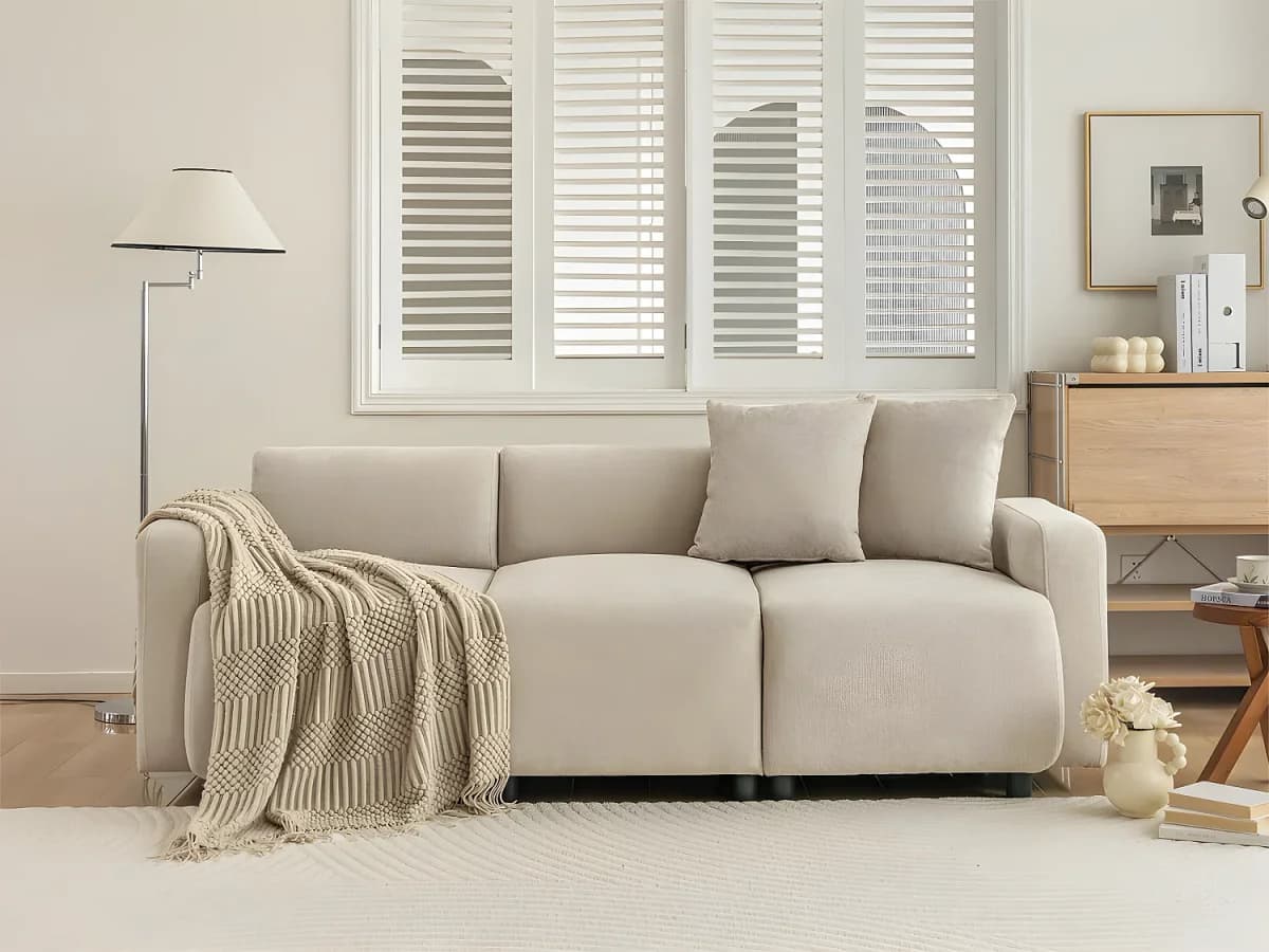 Sofá de 3 lugares em tecido Chenille com 2 almofadas - dormir 211 cm - Bege