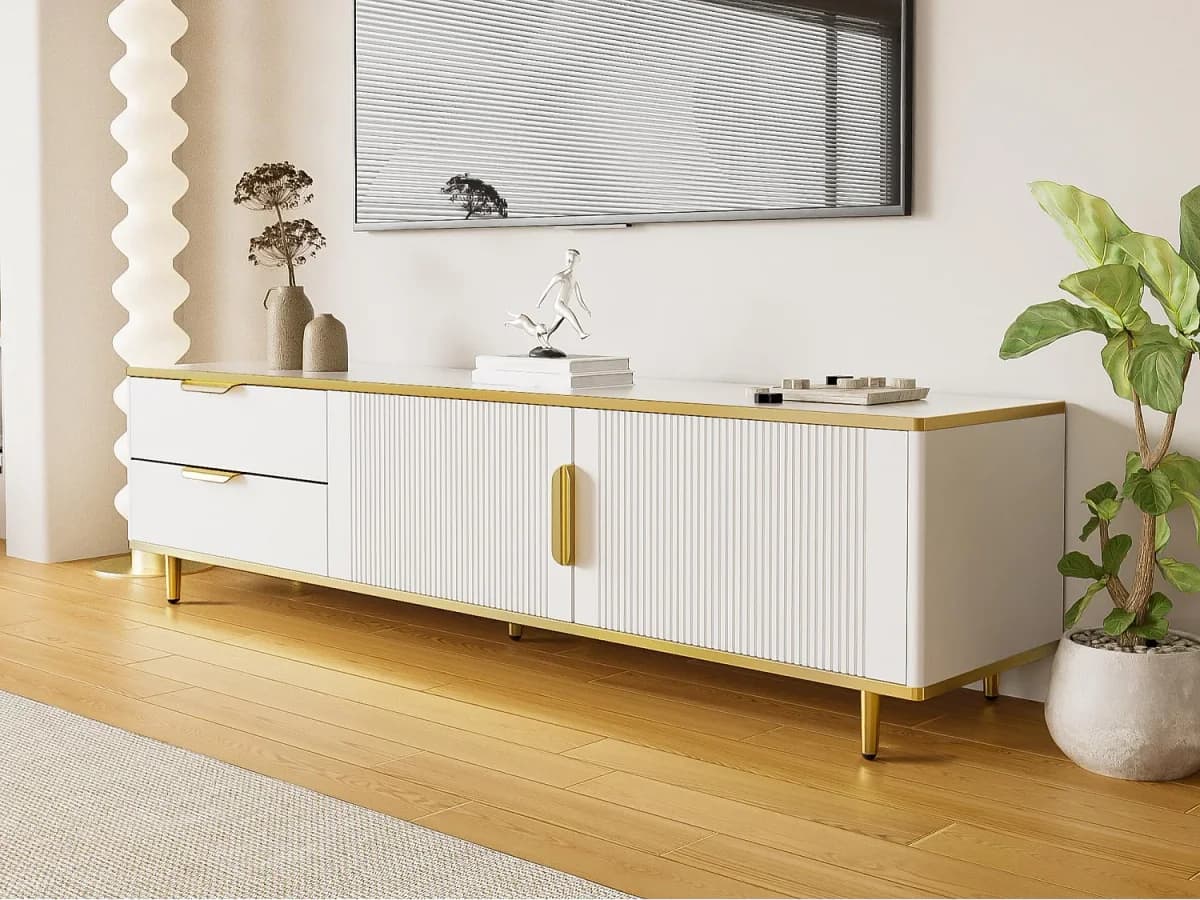 Móvel de TV moderno - com 2 portas e 2 gavetas - pés de metal - Branco