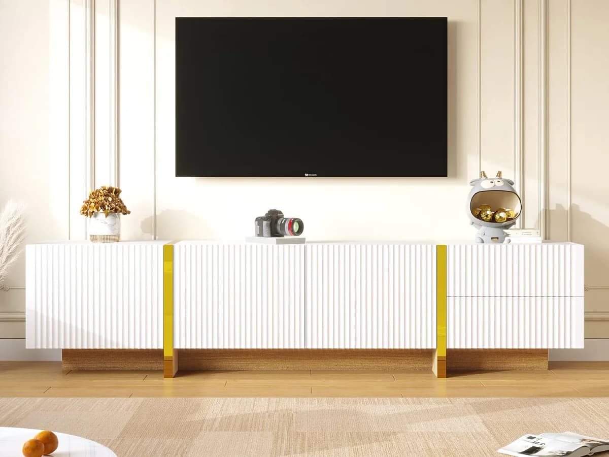 Móvel TV L 190cm - 3 portas 2 gavetas 5 compartimentos - Branco & Dourado