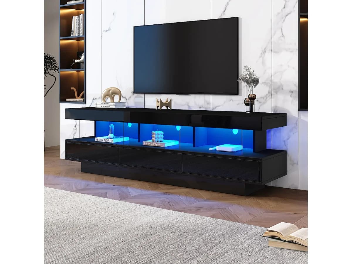 Móvel TV brilhante - 160 x 38 x 50,5 cm - 3 prateleiras de vidro - LEDs - Aglomerado - Preto