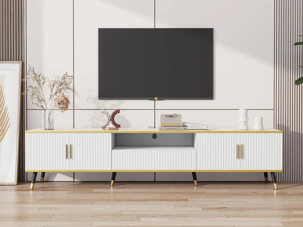 Móvel TV moderno 200 cm - Com 4 portas e 1 gaveta - efeito mármore - Branco & Dourado