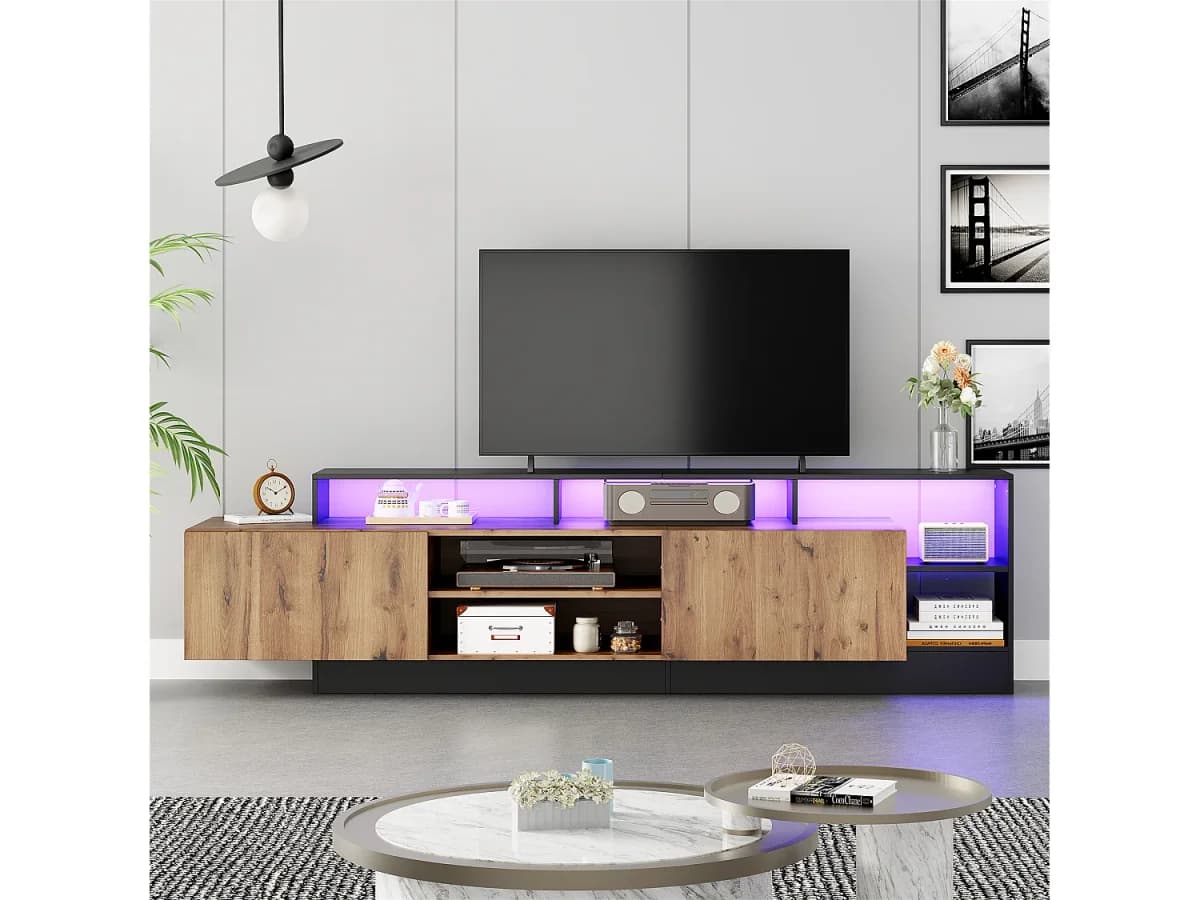 Móvel TV com 2 portas e prateleiras - 190 x 40 x 48,5 cm - LEDs - Aglomerado - Carvalho e preto