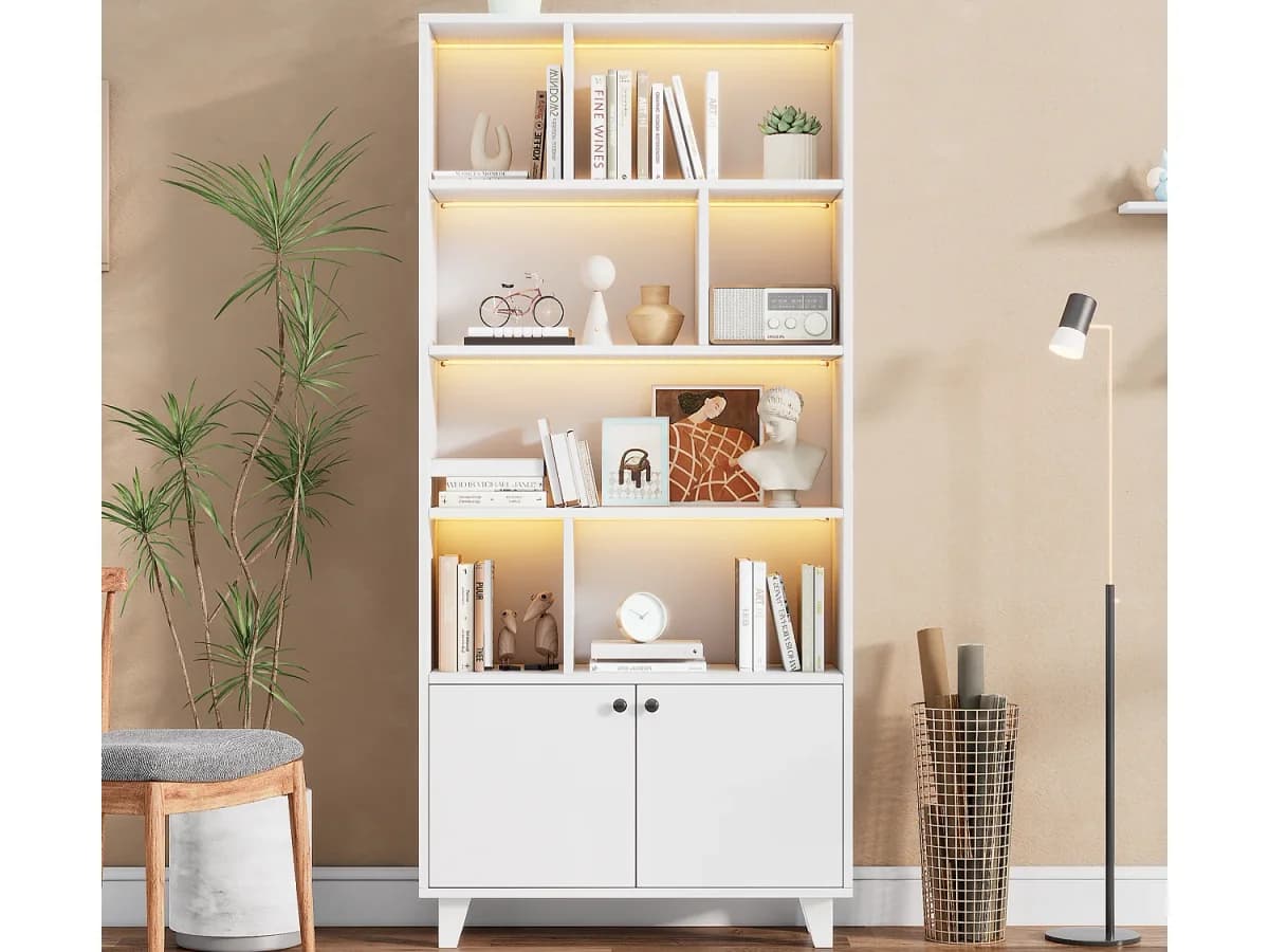 Estante 80×30×173 cm - iluminação LED com mudança de cor - 2 portas - compartimentos de armazenamento - branco