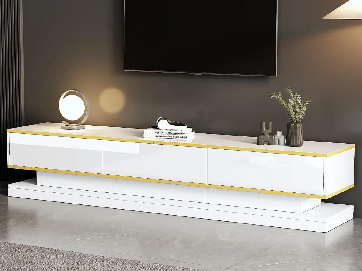 Móvel para TV brilhante 200×40×40 cm - 3 gavetas - Painel de partículas - Branco