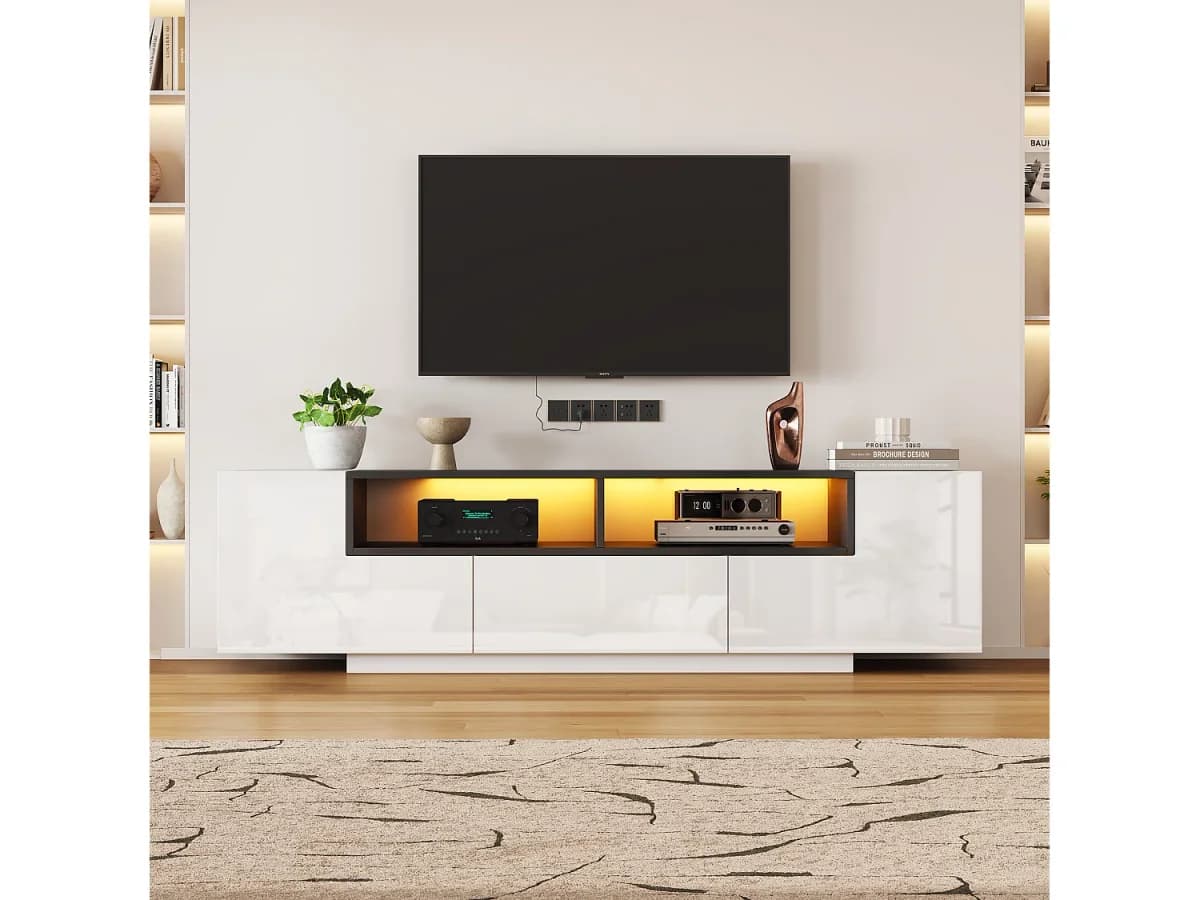 Móvel para TV brilhante 180×40×48 cm - com iluminação LED - 1 gaveta e 2 portas - para televisores de 75 polegadas - branco