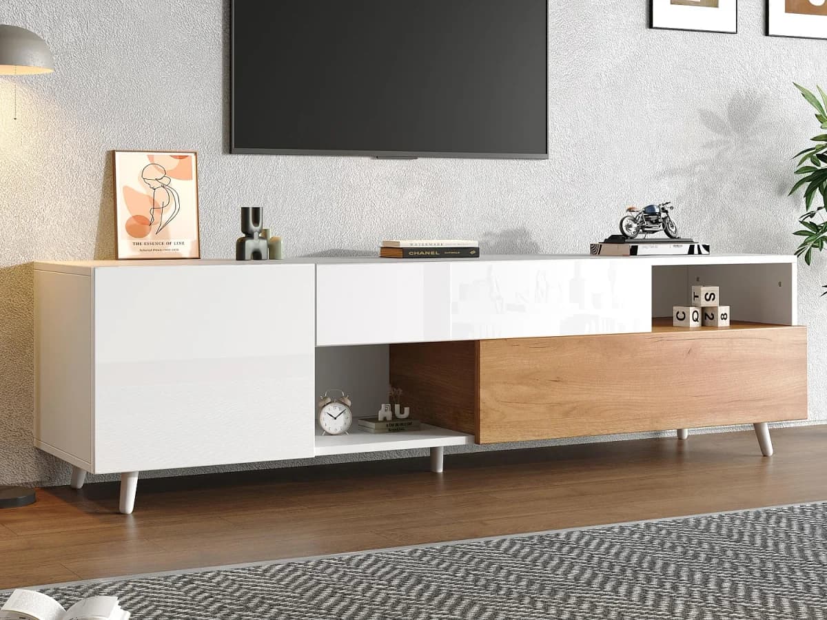 Móvel para TV brilhante 180×38×50 cm - 2 portas e 1 gaveta - Compatível com TVs de 75 polegadas - branco e natural