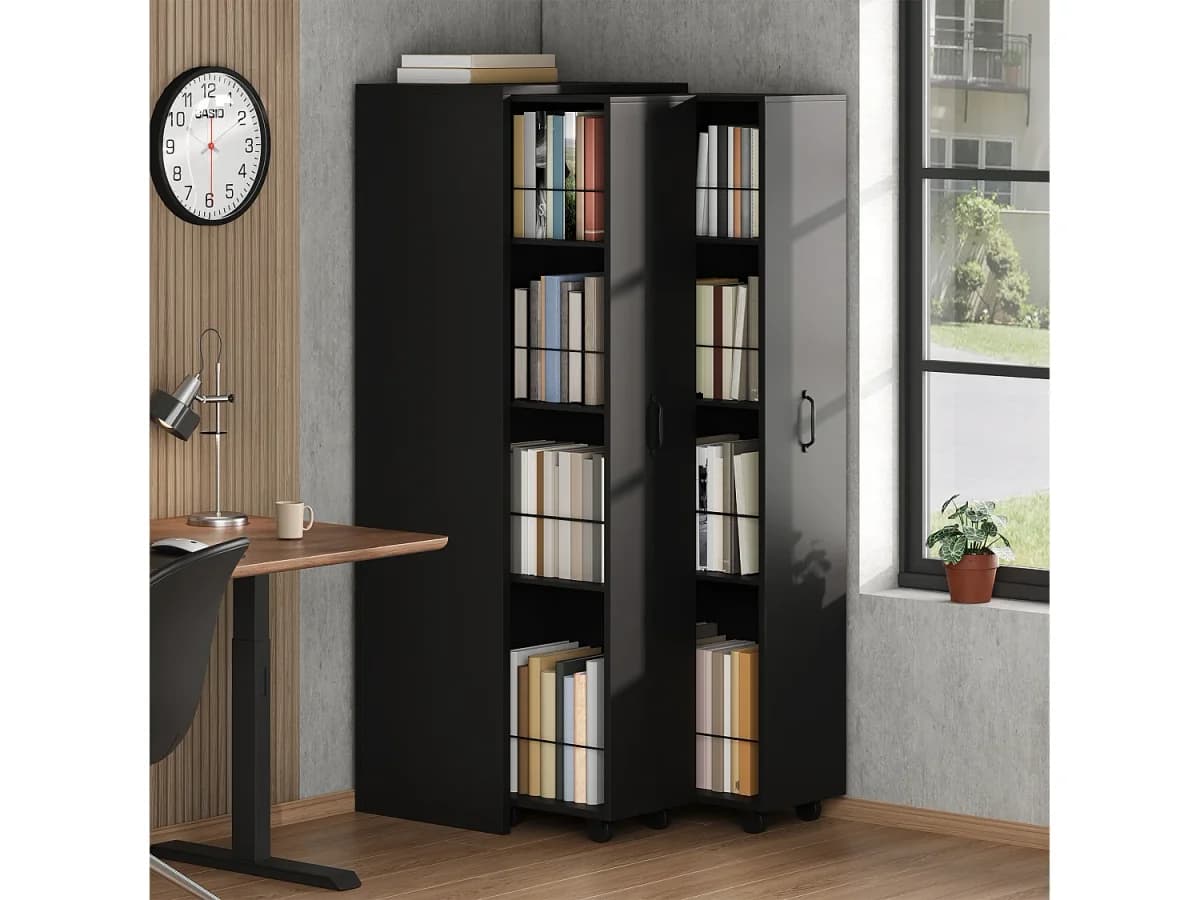 Estante extensível com rodas 51.5x41x158 cm - 4 prateleiras - intercambiável esquerda e direita - com rodas - MDF - Preto