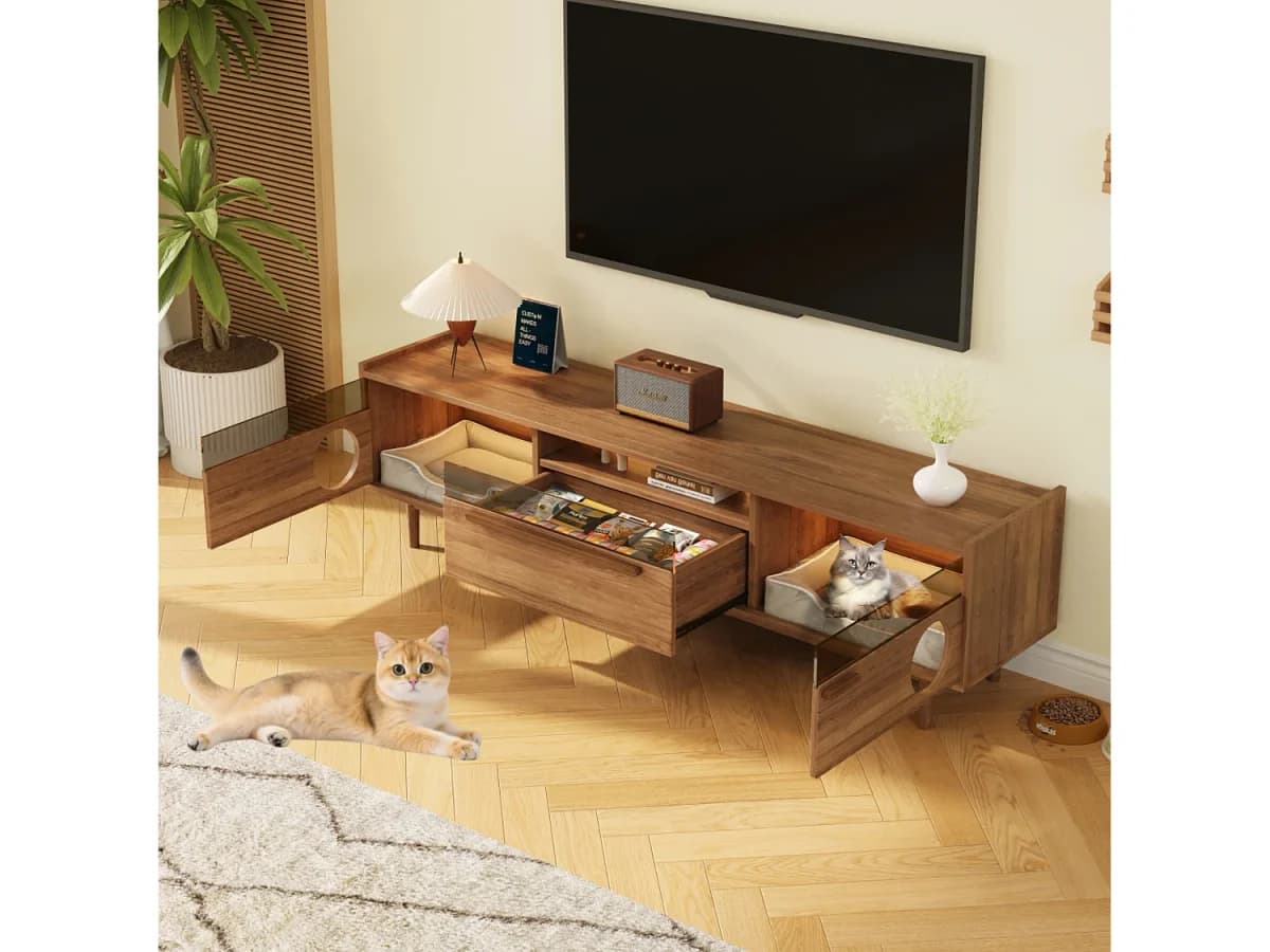 Móvel de TV moderno - 180 x 40 x 50 cm - com LEDs + área de descanso para gatos + 2 portas + 1 gaveta - MDF - natural