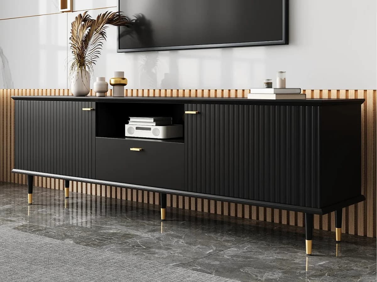 Móvel para TV 170×36×54,5 cm - 1 gaveta e 2 portas - com prateleiras abertas - pés de metal - preto