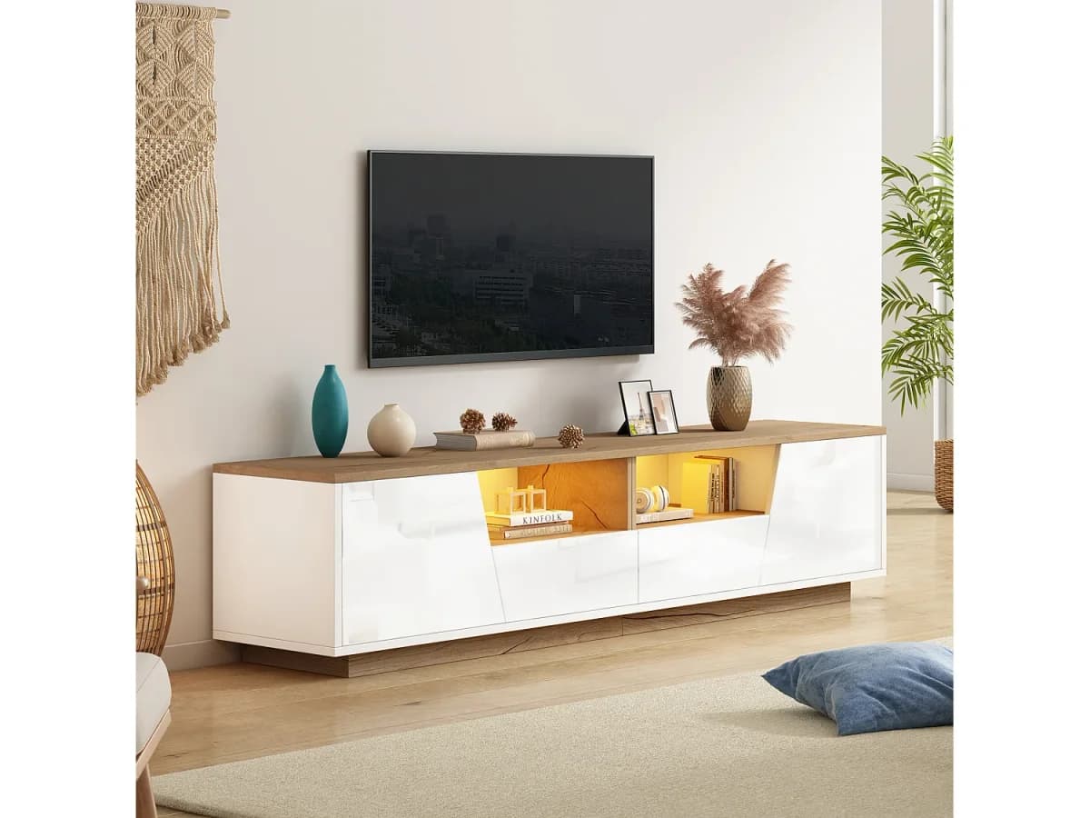 Móvel TV brilhante - 180 x 40 x 46 cm - com 2 gavetas + 2 portas Móvel TV + LEDs - aglomerado - branco