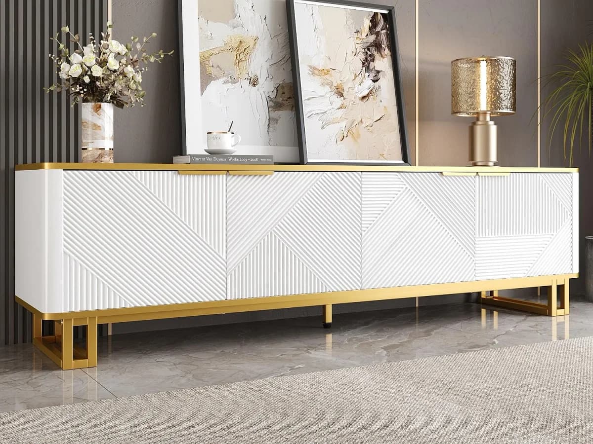 Móvel de TV moderno 160x37,5x48 cm - com 4 portas - Textura geométrica - MDF - Branco + Dourado
