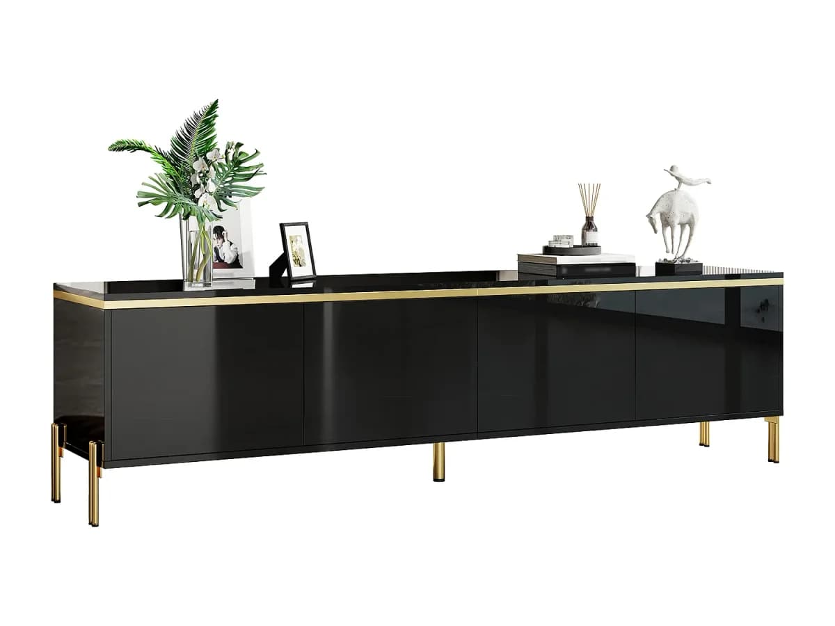 Móvel de TV moderno e brilhante - 170 x 38 x 50 cm - com 4 portas e bordas douradas - aglomerado - preto