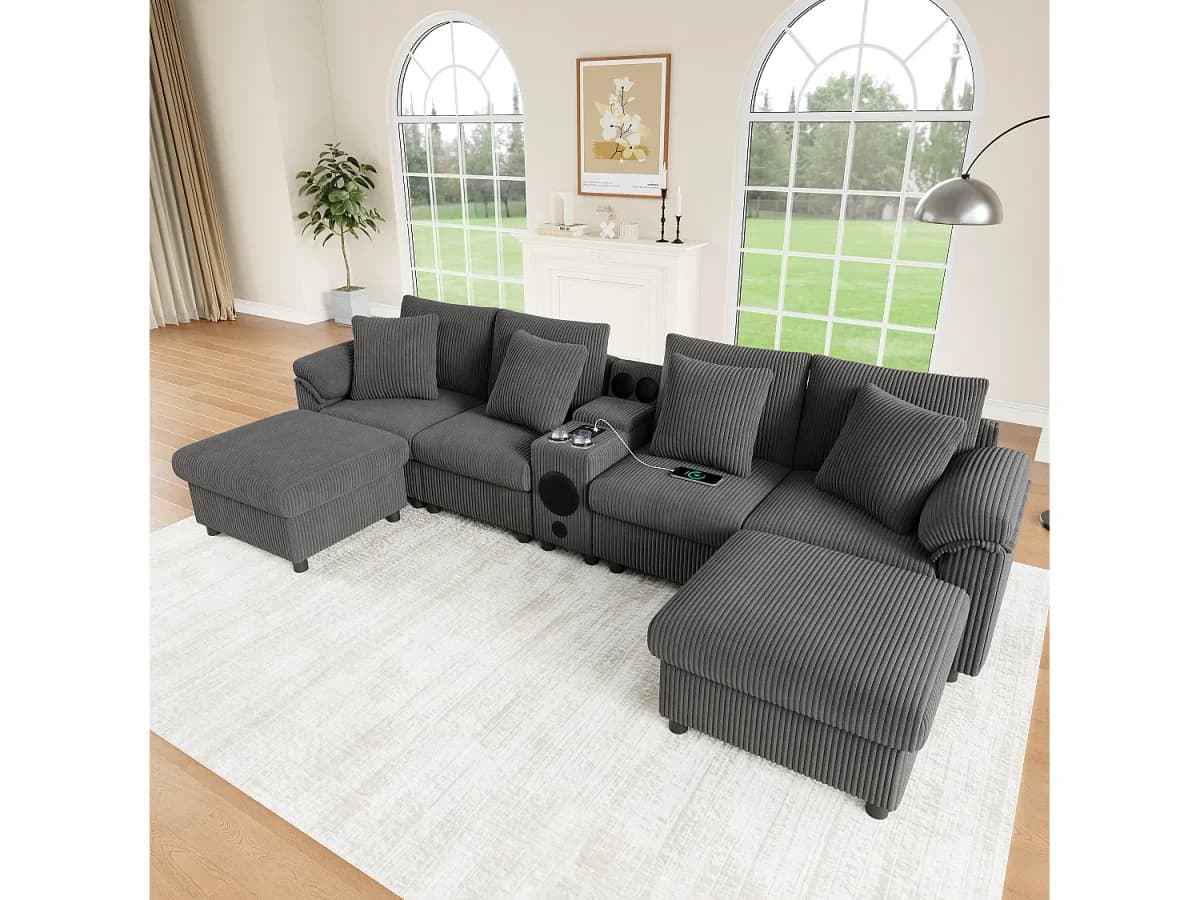 Sofá de canto modular de 6 lugares - 315,5 x 144 x 84,5 cm - com alto-falante Bluetooth + porta USB + almofadas + espaço de armazenamento - veludo - cinza