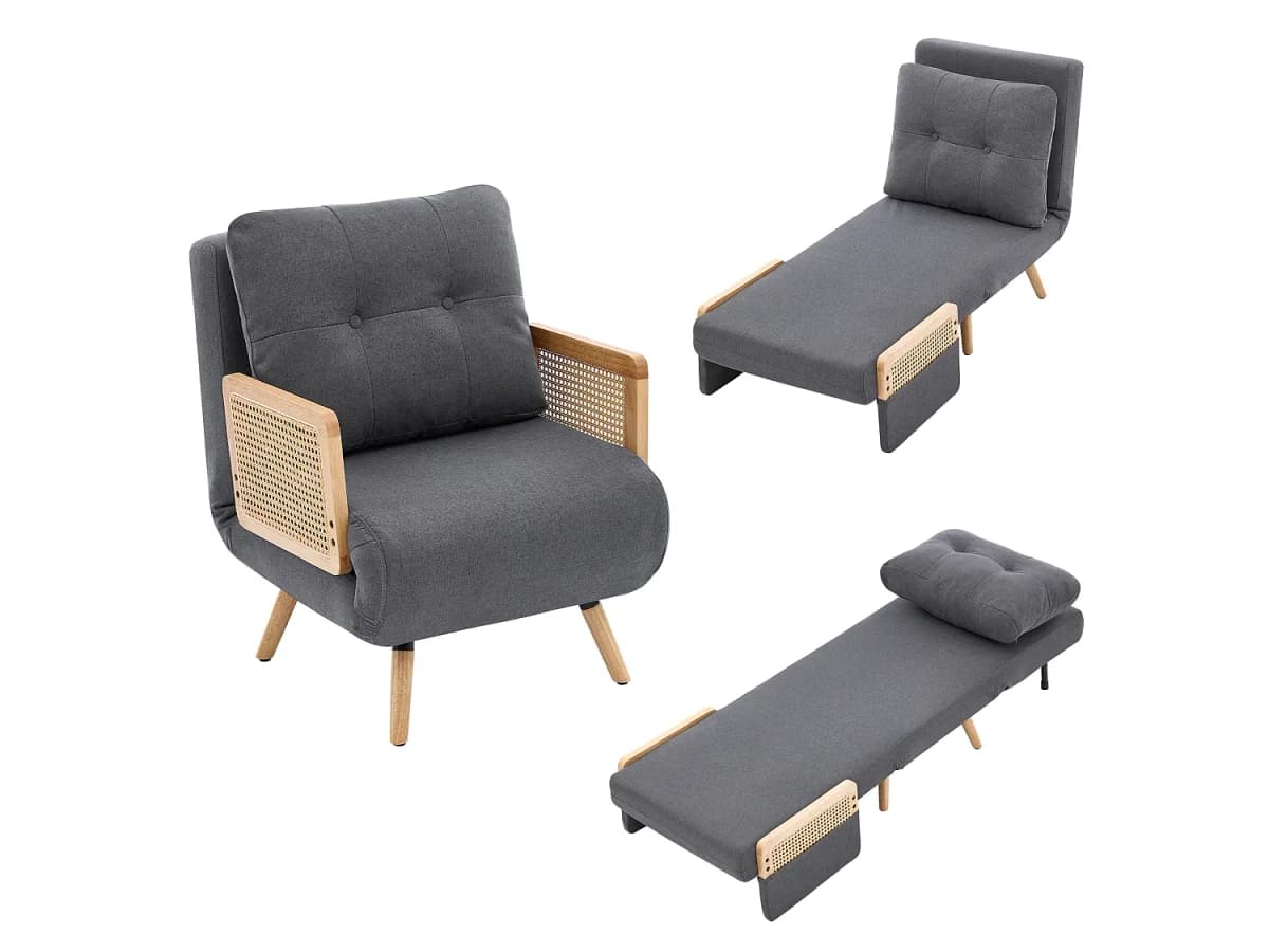 Poltrona conversível 3 em 1 com encosto ajustável em 5 posições e almofada removível – Linho, madeira maciça e rattan – 67,5 x 73 x 86,5 cm – Cinza