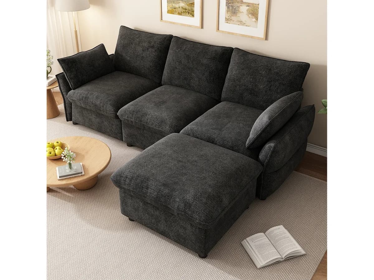 Sofá de canto em L de 3 lugares com pufe modular, sofá de 3 lugares - Chenille - 222,5 x 154,5 x 76,5 cm - Cinza Escuro