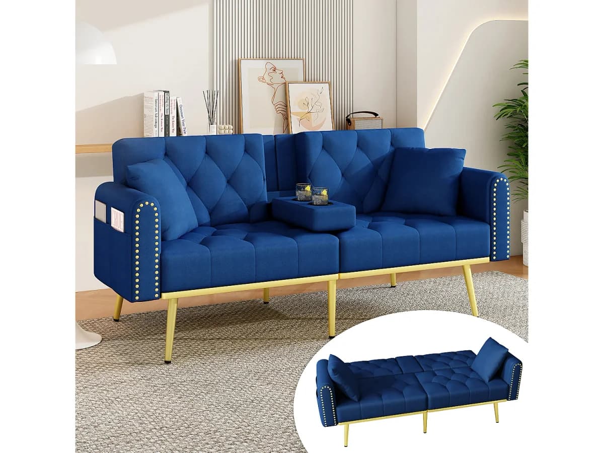Sofá de 3 lugares com encosto ajustável, porta-copos e bolso lateral - 175 x 80 x 73,5 cm - Veludo e pés de metal - Azul