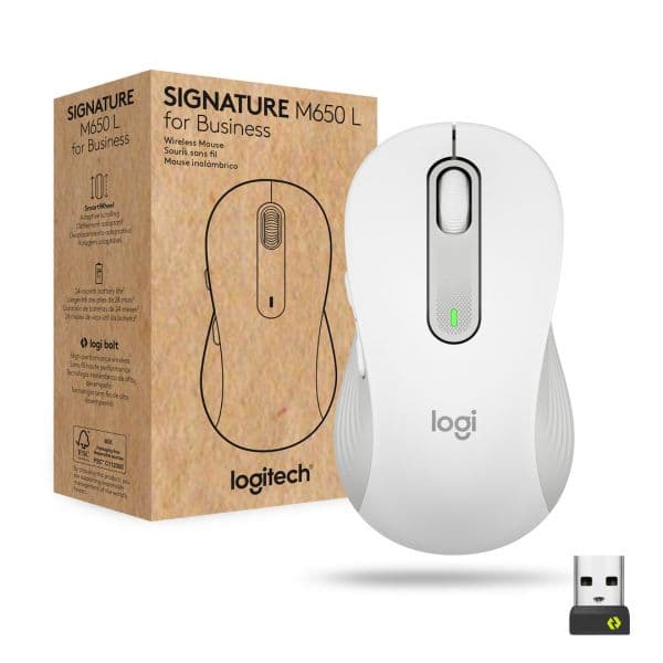 Logitech Signature M650 L for Business - Rato - para Direita - 5 Bot?es - sem Fios - Bluetooth, 2.4 Ghz - Recetor usb Logi Bolt - Branco Sujo