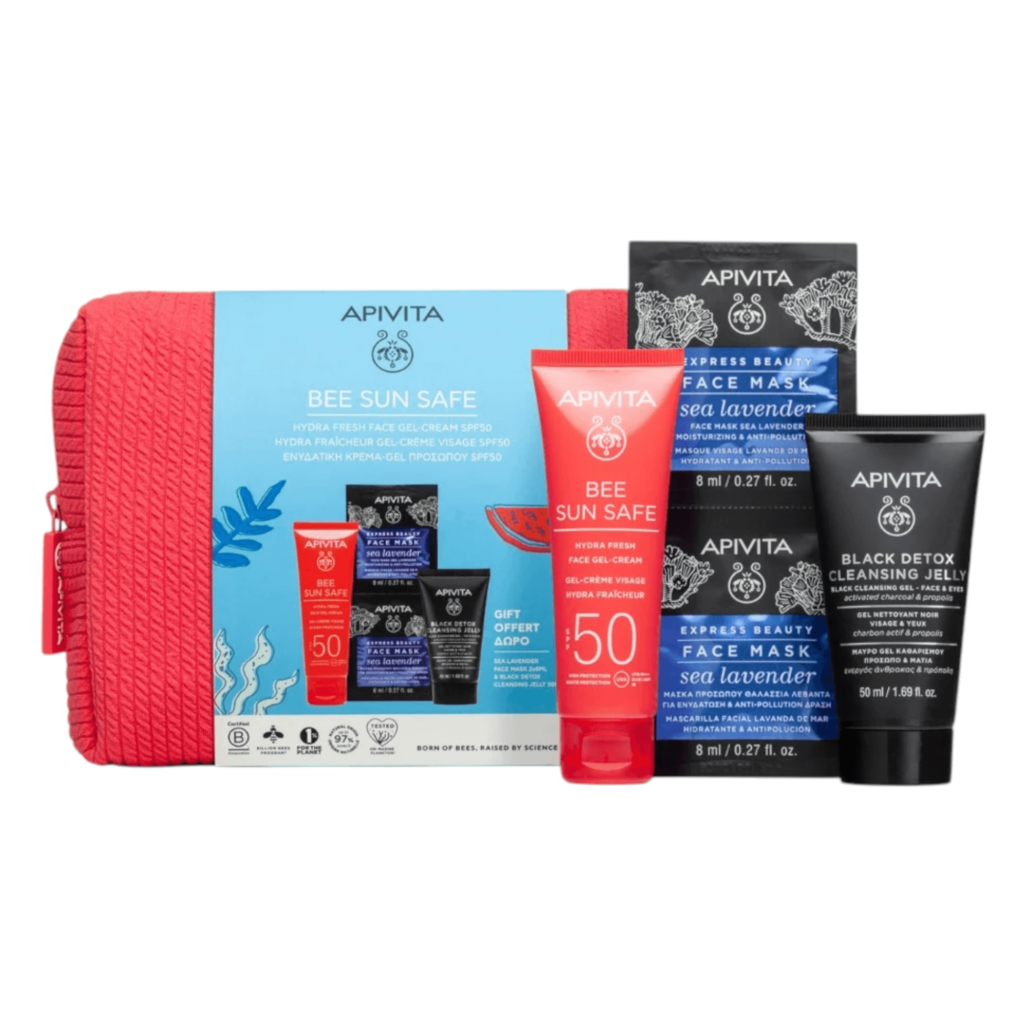 Apivita Bee Sun gel-Cr Hidra SPF50 50ml + Máscara 2x8ml+ Gel Limpeza 50ml + Oferta Bolsa Coffret
