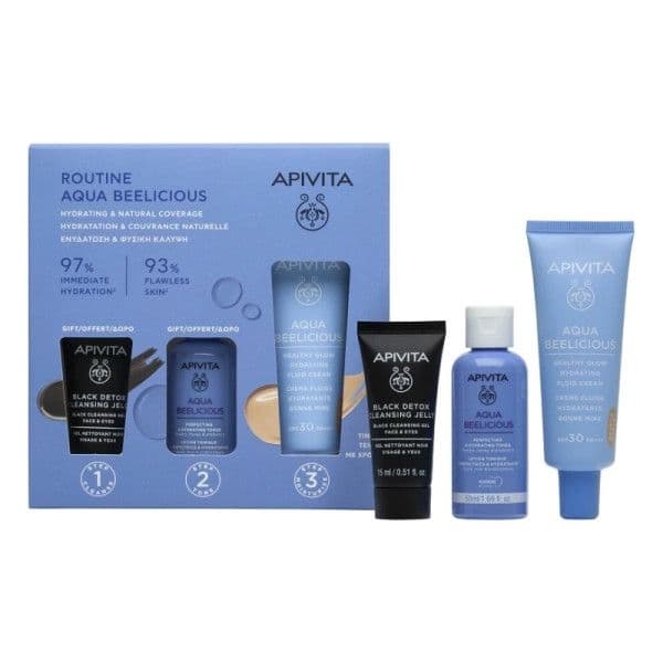 Apivita Aqua Beelicious Hidratante e Refrescante Gel-Creme Hidratante Oil-Free 40ml + Tónico Aperfeiçoamento e Hidratação 50ml + Black Detox Gel de Limpeza Rosto e Olhos 15ml Coffret