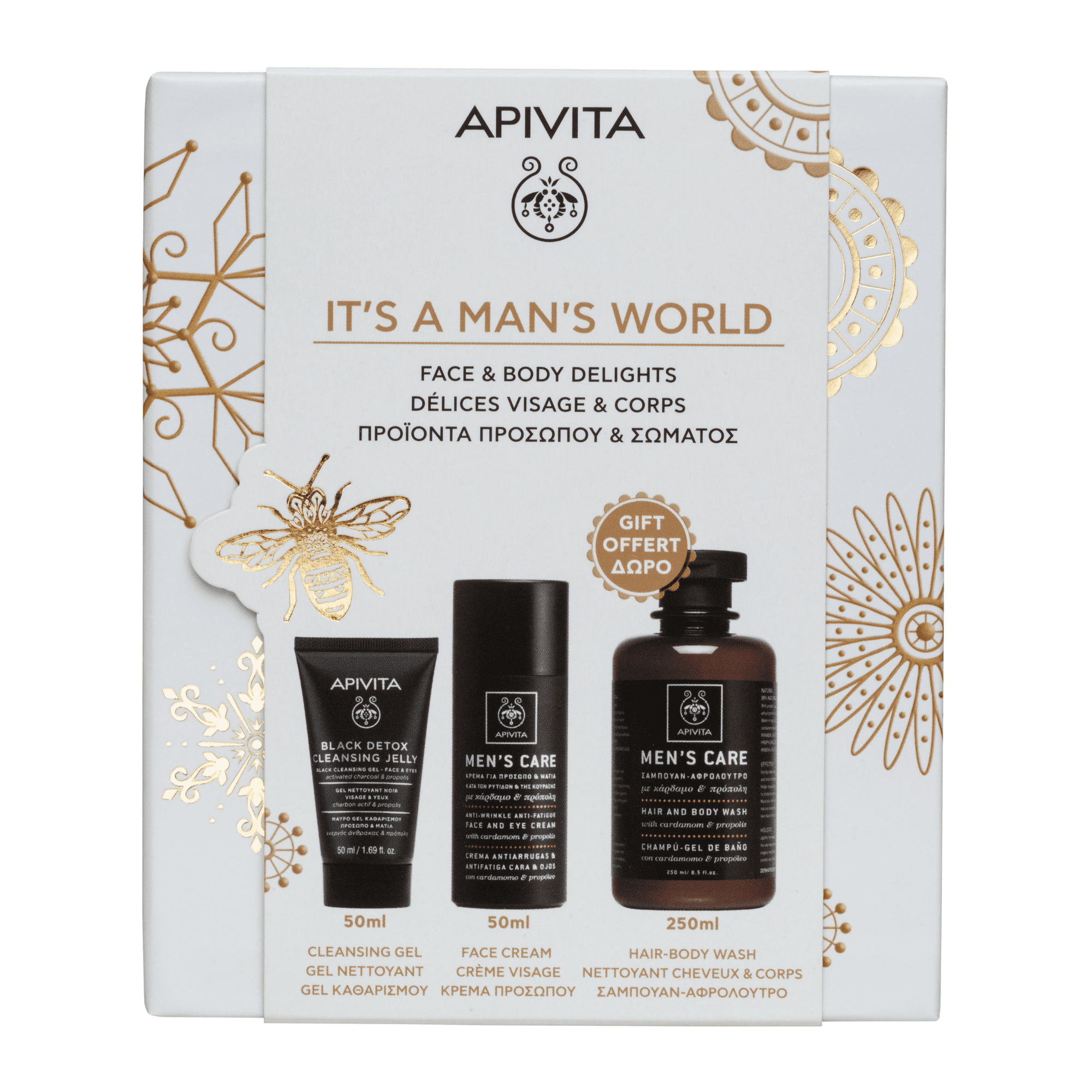 Apivita It's a Man's World Creme Rugas 50ml + Gel Limpeza 50ml + Champô/Gel Banho 250ml Coffret