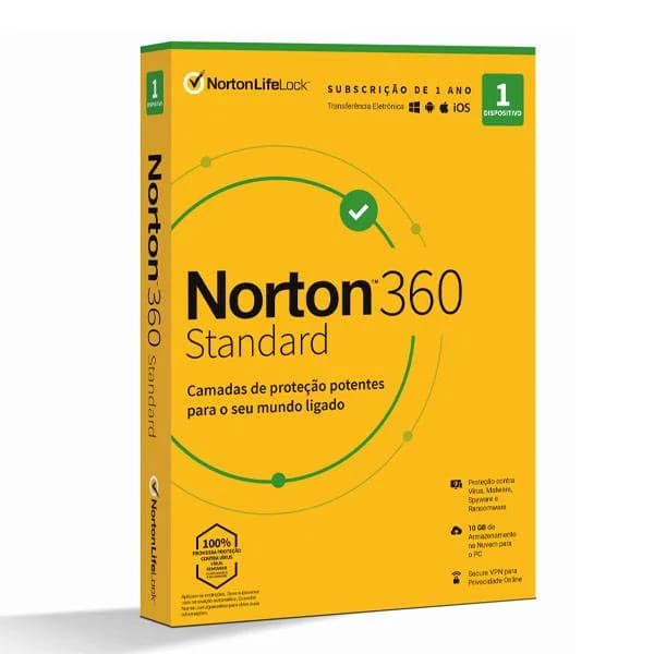 Norton 360 Standard Cloud 10GB 1 User, 1 Dispositivo, 1 Ano