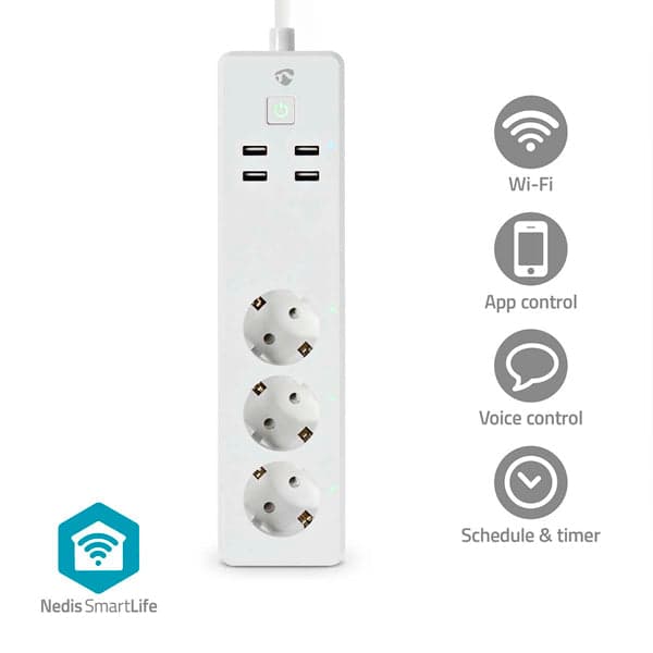 Nedis Régua Inteligente SmartLife WIFIP312FWT Wi-Fi 3 Tomadas 4 Portas USB 16A 3680W 1.8m Branco