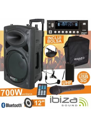 COLUNA AMPLIFICADA 700W USB/BT/SD/BAT UHF PRETA IBIZA