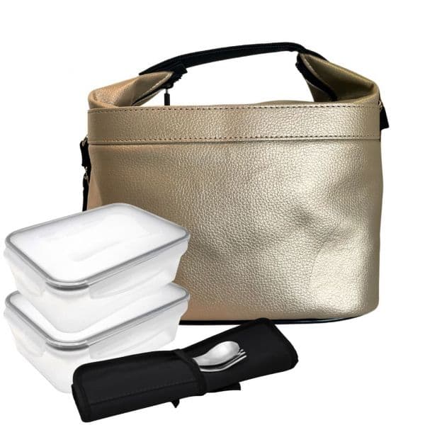 Smartlunch Set Lancheira Cubic Dourada, duas caixas de 500 ml, individual preto e talheres