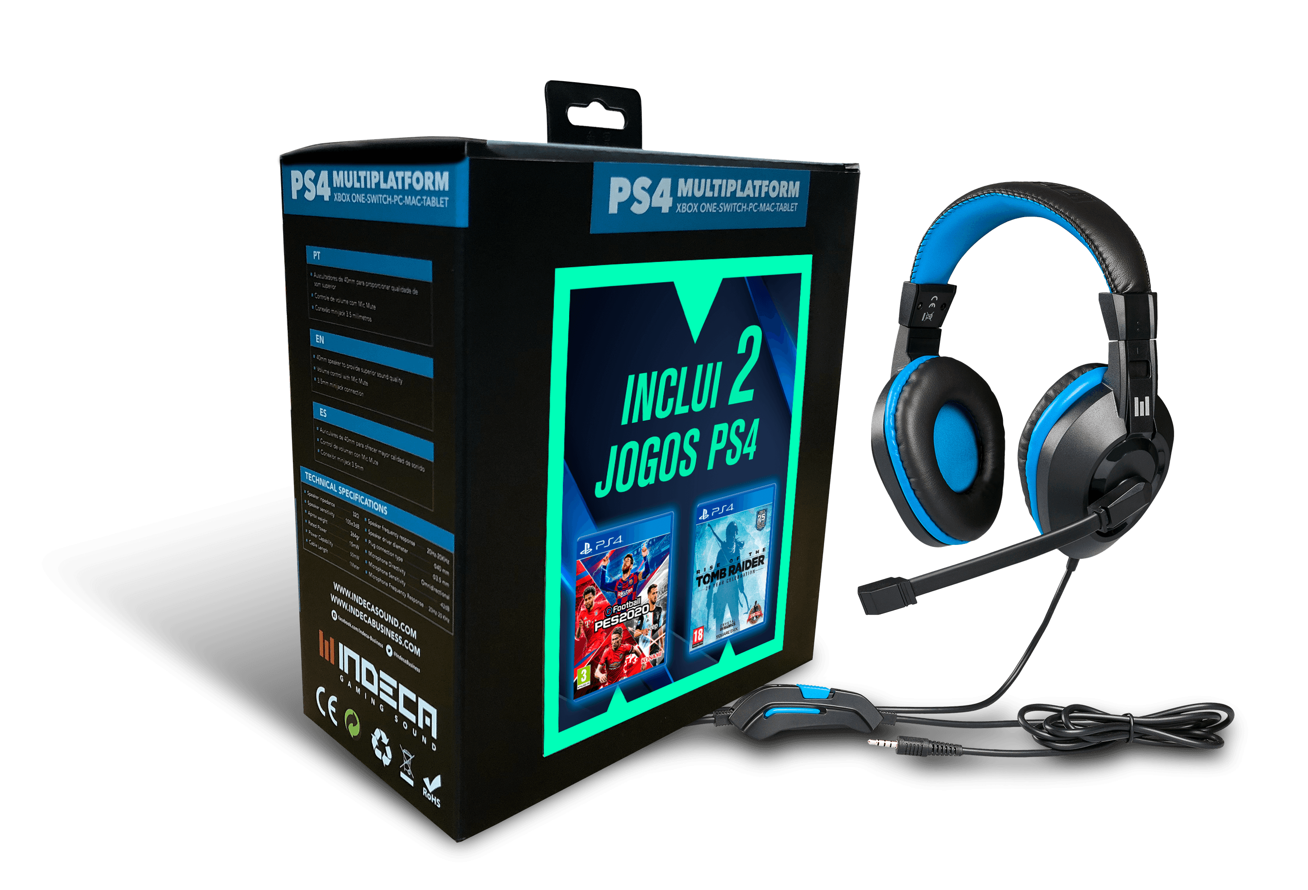 Headset PS4 Ray + PES 2020 + Tomb Raider