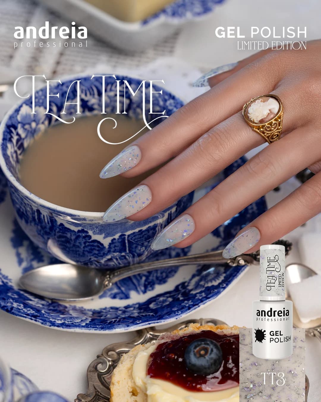 Verniz Gel Andreia TT3 - Porcelain - Branco leitoso com foil holográfico roxo e verde