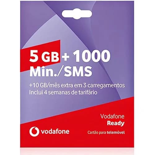 Pack Cartão Vodafone Ready 5GB +1000 Minutos /SMS - 2024